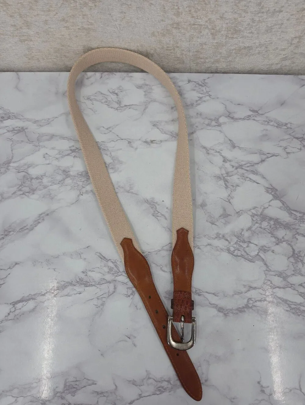 Vintage Cole Haan Men's Woven Cream Belt with Brown Leather Silver Tone Buckle